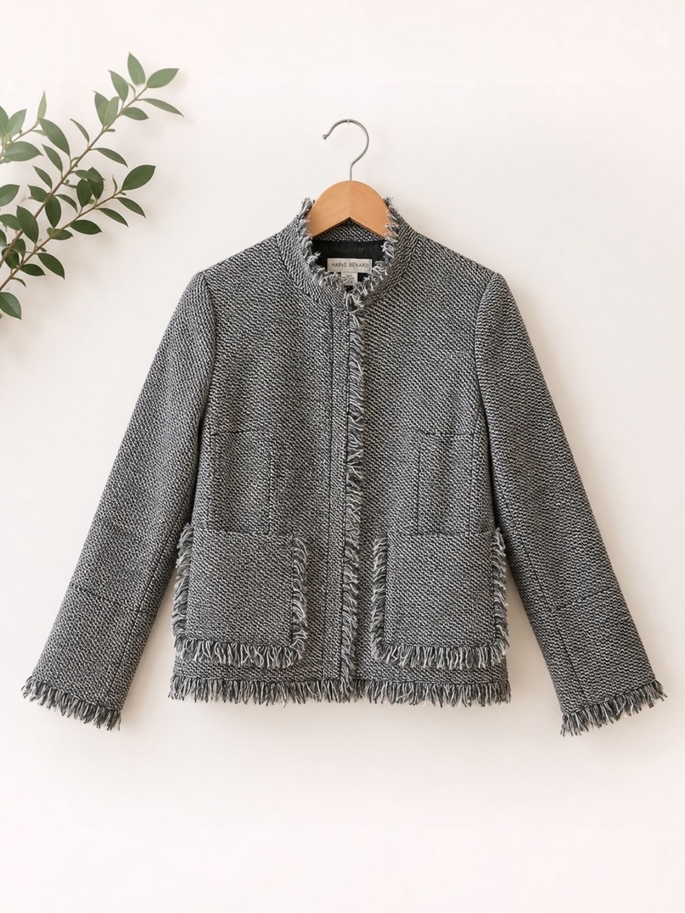 Harve Benard Women's Fringe Wool Zip Jacket Gray Black Herringbone Size 6